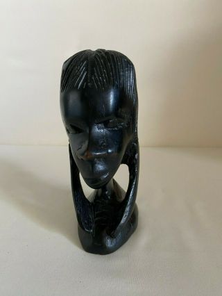 African Hand Carved Ebony Wood Female Head Statue 