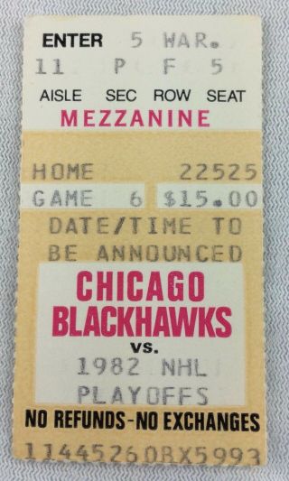 Nhl 1982 05/06 Chicago Blackhawks Game 6 Playoff Hockey Ticket Stub