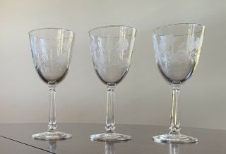 Set Of 3 Vintage 7 1/4 " Wine Glasses Goblets Floral Fern Leaf Etched