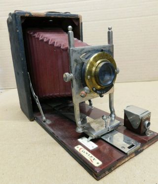 Antique Conley Folding Camera Red Leather Bellows Wood Brass