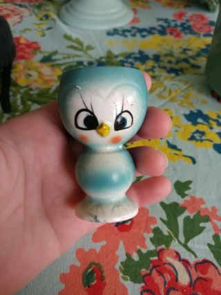 Vintage 1950s Japan Bluebird Bird Egg Cup Chick Ceramic Figurine Anthropomorphic
