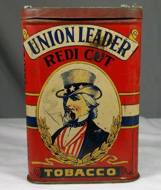 Early Union Leader Pocket Tobacco Tin Uncle Sam Graphic Antique Advertising Usa