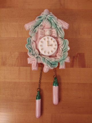 Vintage Art Pottery Cuckoo Clock Wall Pocket Planter Pink Green With Weights
