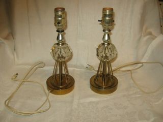 2 Vintage Brass And Pattern Glass Electric Table Lamps Lights Atomic