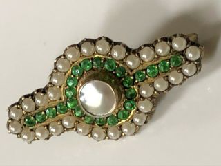 Antique Victorian Sterling Silver And Green Glass Stone/seed Pearl Brooch Pin