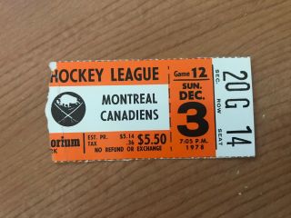 1978 - 79 Buffalo Sabres Vintage Ticket Stub From The Aud - Game 12 Vs Canadiens
