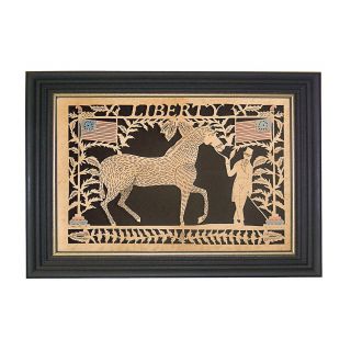 Scherenschnitte Paper Cutting Horse Flag Americana Folk Art Frame Antique Style