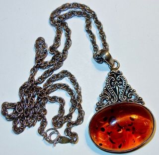 Outstanding Antique Amber Sterling Silver 2 " Pendant On A Sterling Necklace 3