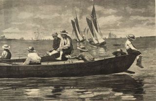1873 Antique Engraving - Winslow Homer - " Gloucester Harbor " - Young Boy Rowers