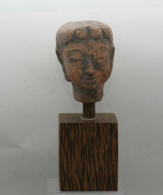 Early Thai Handmade Terracotta Buddha Head On Wooden Stand Age Unknown