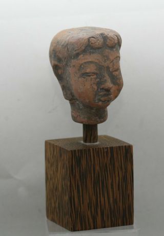 Early Thai Handmade Terracotta Buddha Head On Wooden Stand Age Unknown 2