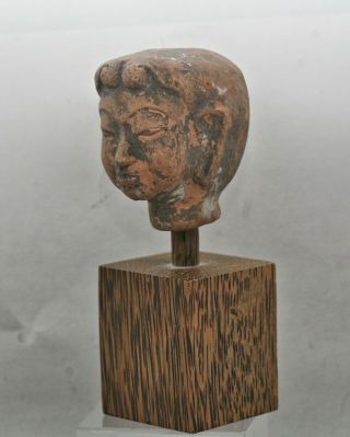 Early Thai Handmade Terracotta Buddha Head On Wooden Stand Age Unknown 3