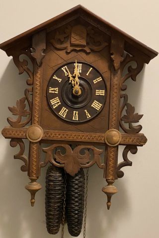Antique Vintage German Black Forest? Cuckoo Clock Carved Oak,  Great