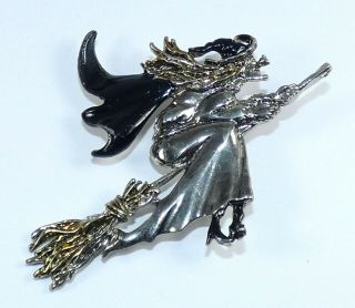 Vintage Signed Jj Halloween Pin Brooch Silver Tone Witch Black Enamel Hat Cape