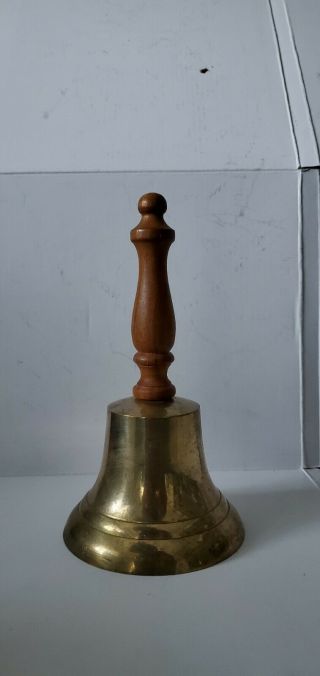 Antique/vintage School Teacher Brass Bell With Wooden Handle 6.  75” Tall