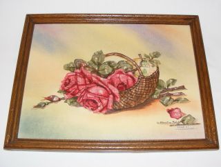 Vintage Antique Folk Art Painting Mixed Media Watercolor Wood Frame 1940s Signed