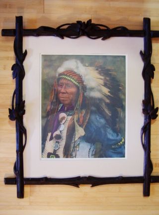 Antique Lithograph Print Native American Indian Carved Black Forest Frame C1908