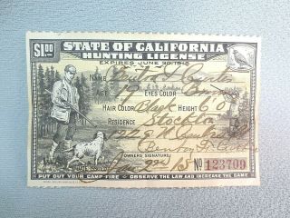 Vintage Antique 1915 California Hunting License Stockton,  Ca.
