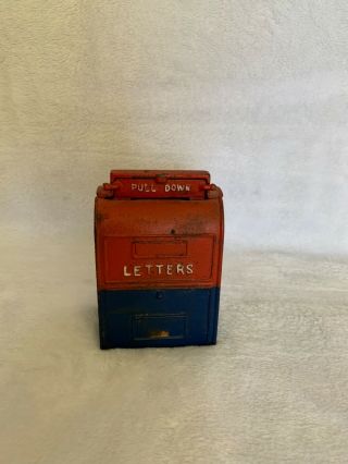 Vintage John Wright Mail Box Letters Cast Iron Still Bank,  Red & Blue