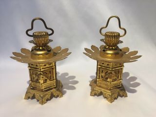 Japanese Antique Candle Holder Lantern Lamp Toro Buddhist Art Gold 2 Set Mi