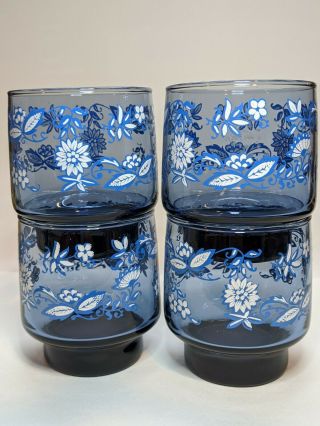 Vintage Libbey Stackable Blue Juice Glasses W/ White Flowers Set Of 4