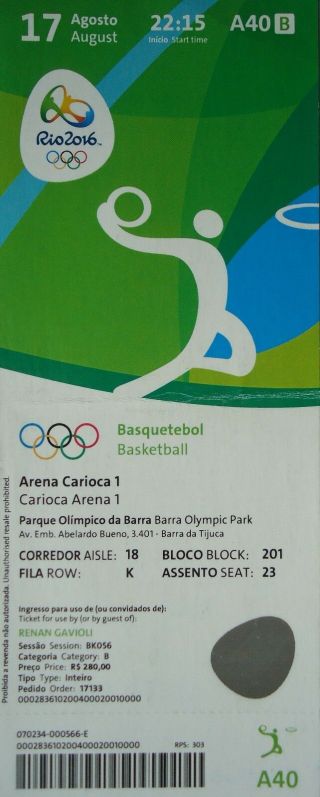 Ticket 17.  8.  2016 Olympic Rio Basketball Men 