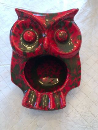Vintage Bright Red & Green Speckled Dish Owl Ashtray Retro