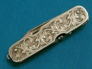 Antique Oriental Japan Engraved Sterling Silver Pocket Watch Fob Knife Vintage