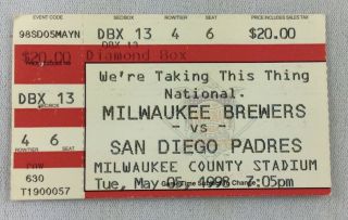 Mlb 1998 05/05 San Diego Padres At Milwaukee Brewers Ticket - Wally Joyner Hr