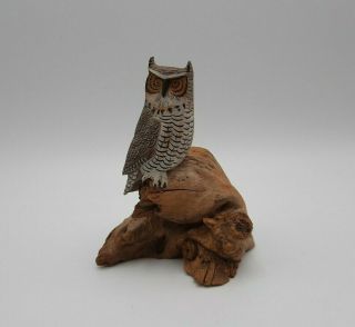 Vintage Hand Carved Wooden Owl On Drift Wood Signed W.  Reinhold