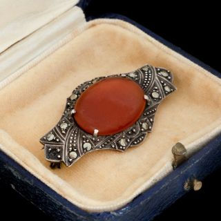 Antique Vintage Art Deco Sterling Silver Red Onyx Marcasite Geometric Pin Brooch
