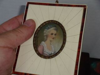 Antique Miniature Portrait 19th C.  Hand Painted Young Lady Signed / Framed