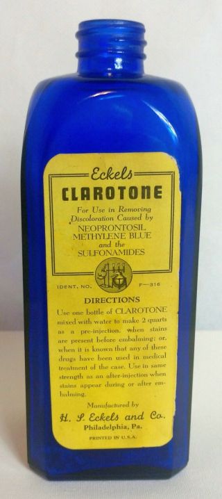 Antique Eckels Clarotone Embalming Fluid Bottle Cobalt Blue