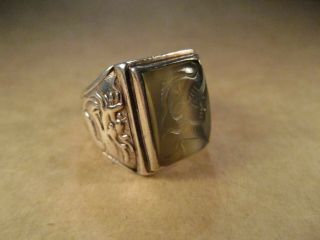 Antique Chinese Export Sterling Silver & Carved Intaglio Ring,  Size 9.  75,  15.  9g