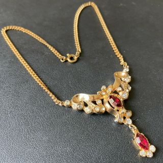 Signed Coro Vintage Ruby Red Rhinestone Gold Tone 1940s Necklace 478
