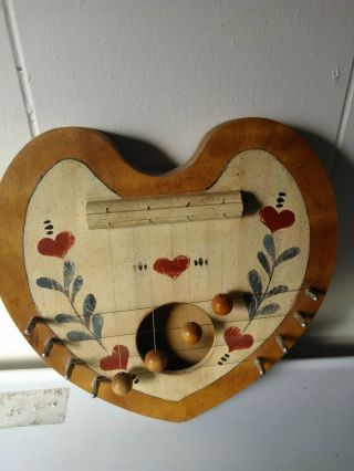Vintage Folk Art Hand Painted Wooden Door Harp Chime Heart Shaped