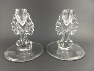 Vintage Pair Clear Glass Candle Holders Fan Design Candlesticks Art Deco