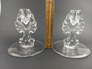 Vintage Pair Clear Glass Candle Holders Fan Design Candlesticks Art Deco 2