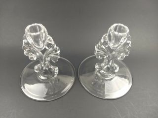 Vintage Pair Clear Glass Candle Holders Fan Design Candlesticks Art Deco 3