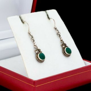 Antique Vintage Art Deco Sterling Silver Green Onyx Rope Twist Dangle Earrings