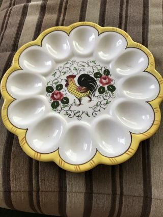 Py Rooster And Roses Deviled Egg Dish Plate 9 1/2 " Diameter Vintage