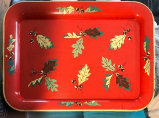 Very Rare.  Vintage Autumn Leaf Metal Tray Red With Painted Leaves And Acorns