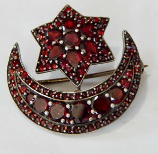 Antique Vintage Art Deco Moon Star Czech Open Back Garnet Crystal Brooch Pin