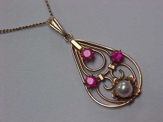 Antique Vintage 10 K Gold Pink Stone & Pearl Lavalier Necklace & 10 K Gold Chain