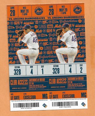 Degrom Cy Young Mets Vs Ariz Ticket Stub May 20,  2020 Cancelled Season