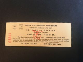 St.  Paul Saints V.  Wichita Ticket Stub - June 13,  1958 Shrine Night Municipal Std