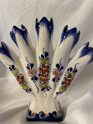 Vintage 5 Finger Tulip Bud Vase Made In Portugal Hand Painted Floral 8”