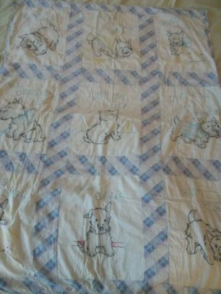 Vintage Hand Stitched Baby Crib Quilt Blanket Puppies Dogs Embroidered