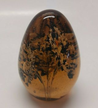 Vintage Art Glass Amber Egg Shaped Paper Weight Glass Flowers Inside