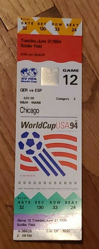 1994 World Cup Ticket Stub.  Germany Vs Spain World Cup.  Chicago World Cup Game